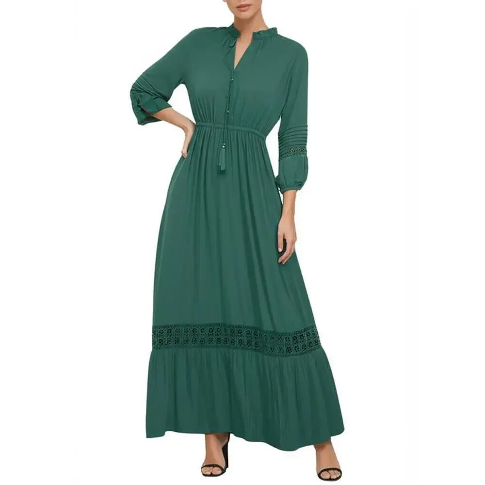 Chicos Maxi Dress 12 Green Bohemian Flowy Waist Tiered Lace - Picture 2 of 9